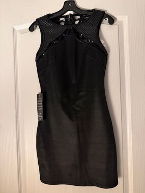 Bebe Black Sleeveless Mini Dress with Textured Yoke.